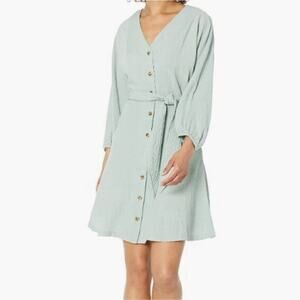 Calvin Klein Button-Front Knee-Length V Neck Gauze Pocket Belted‎ Dress-Sage-10